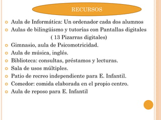  Aula de Informática: Un ordenador cada dos alumnos
 Aulas de bilingüismo y tutorías con Pantallas digitales
( 13 Pizarras digitales)
 Gimnasio, aula de Psicomotricidad.
 Aula de música, inglés.
 Biblioteca: consultas, préstamos y lecturas.
 Sala de usos múltiples.
 Patio de recreo independiente para E. Infantil.
 Comedor: comida elaborada en el propio centro.
 Aula de reposo para E. Infantil
RECURSOS
 