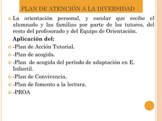 PLAN DE ATENCIÓN A LA DIVERSIDAD
 La orientación personal, y escolar que recibe el
alumnado y las familias por parte de los tutores, del
resto del profesorado y del Equipo de Orientación.
Aplicación del:
 -Plan de Acción Tutorial.
 -Plan de acogida.
 -Plan de acogida del período de adaptación en E.
Infantil.
 -Plan de Convivencia.
 -Plan de fomento a la lectura.
 -PROA
 