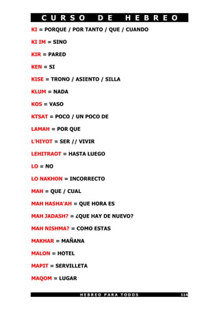 C U R S O             D E     H E B R E O
KI = PORQUE / POR TANTO / QUE / CUANDO

KI IM = SINO

KIR = PARED

KEN = SI

KISE = TRONO / ASIENTO / SILLA

KLUM = NADA

KOS = VASO

KTSAT = POCO / UN POCO DE

LAMAH = POR QUE

L’HIYOT = SER // VIVIR

LEHITRAOT = HASTA LUEGO

LO = NO

LO NAKHON = INCORRECTO

MAH = QUE / CUAL

MAH HASHA’AH = QUE HORA ES

MAH JADASH? = ¿QUE HAY DE NUEVO?

MAH NISHMA? = COMO ESTAS

MAKHAR = MAÑANA

MALON = HOTEL

MAPIT = SERVILLETA

MAQOM = LUGAR


                HEBREO PARA TODOS              114
 