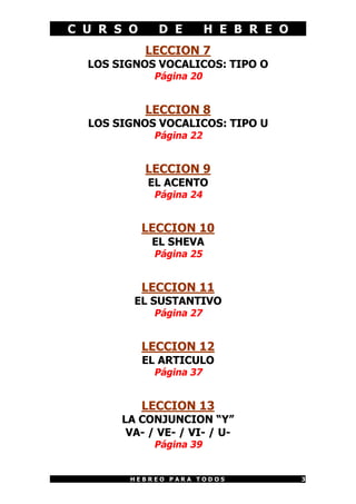 C U R S O     D E        H E B R E O
            LECCION 7
  LOS SIGNOS VOCALICOS: TIPO O
             Página 20


            LECCION 8
  LOS SIGNOS VOCALICOS: TIPO U
             Página 22


            LECCION 9
            EL ACENTO
             Página 24


            LECCION 10
             EL SHEVA
             Página 25


            LECCION 11
         EL SUSTANTIVO
             Página 27


            LECCION 12
            EL ARTICULO
             Página 37


            LECCION 13
       LA CONJUNCION “Y”
        VA- / VE- / VI- / U-
             Página 39


        HEBREO PARA TODOS              3
 