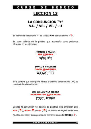 C U R S O                D E         H E B R E O

                     LECCION 13

               LA CONJUNCION “Y”
                VA- / VE- / VI- / -U

En hebreo la conjunción “Y” es la letra VAV con un sheva: - w -.
                                                            :

Se pone delante de la palabra que acompaña como podemos
observar en los ejemplos.


                       HOMBRE Y MUJER
                        ISH VEISHAH
                           hF$I):o $yI)

                      DAVID Y AVRAHAM
                      DAVID VEAVRAHAM
                         eFhFr:bA):o dIIoFD

Si la palabra que acompaña llevase el artículo determinado (HA) se
usaría de la misma forma:


                   LOS CIELOS Y LA TIERRA
                  HASHAMAYIM VEHA’ARETS
                        uErF)Fh:o eIyAmF$Ah

Cuando la conjunción va delante de palabras que empiezan por:
BET (  B ), MEM ( M ) o PE ( P ) se elimina el dagesh de la letra
(puntito interior) y la conjunción se convierte en un SHURUQ ( W ).


                     HEBREO PARA TODOS                             39
 