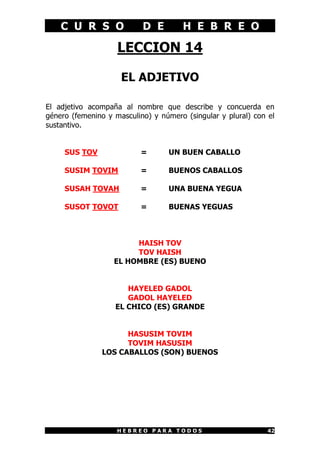C U R S O              D E        H E B R E O

                    LECCION 14

                     EL ADJETIVO

El adjetivo acompaña al nombre que describe y concuerda en
género (femenino y masculino) y número (singular y plural) con el
sustantivo.


     SUS TOV               =      UN BUEN CABALLO

     SUSIM TOVIM           =      BUENOS CABALLOS

     SUSAH TOVAH           =      UNA BUENA YEGUA

     SUSOT TOVOT           =      BUENAS YEGUAS



                        HAISH TOV
                        TOV HAISH
                   EL HOMBRE (ES) BUENO


                      HAYELED GADOL
                      GADOL HAYELED
                   EL CHICO (ES) GRANDE


                     HASUSIM TOVIM
                     TOVIM HASUSIM
               LOS CABALLOS (SON) BUENOS




                    HEBREO PARA TODOS                          42
 