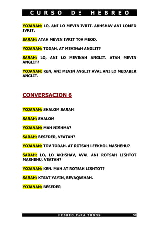 C U R S O         D E      H E B R E O

YOJANAN: LO, ANI LO MEVIN IVRIT. AKHSHAV ANI LOMED
IVRIT.

SARAH: ATAH MEVIN IVRIT TOV MEOD.

YOJANAN: TODAH. AT MEVINAH ANGLIT?

SARAH: LO, ANI LO MEVINAH ANGLIT. ATAH MEVIN
ANGLIT?

YOJANAN: KEN, ANI MEVIN ANGLIT AVAL ANI LO MEDABER
ANGLIT.




CONVERSACION 6

YOJANAN: SHALOM SARAH

SARAH: SHALOM

YOJANAN: MAH NISHMA?

SARAH: BESEDER, VEATAH?

YOJANAN: TOV TODAH. AT ROTSAH LEEKHOL MASHEHU?

SARAH: LO, LO AKHSHAV, AVAL ANI ROTSAH LISHTOT
MASHEHU, VEATAH?

YOJANAN: KEN. MAH AT ROTSAH LISHTOT?

SARAH: KTSAT YAYIN, BEVAQASHAH.

YOJANAN: BESEDER




                HEBREO PARA TODOS                59
 