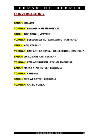 C U R S O          D E        H E B R E O
CONVERSACION 7

SARAH: SHALOM

YOJANAN: SHALOM. MAH SHLOMKHA?

SARAH: TOV, TODAH, VEATAH?

YOJANAN: BESEDER. AT ROTSAH LISHTOT MASHEHU?

SARAH: KEN, VEATAH?

YOJANAN: GAM ANI. AT ROTSAH GAM LEEKHOL MASHEHU?

SARAH: LO, LO AKHSHAV, VEATAH?

YOJANAN: KEN, ANI ROTSEH LEEKHOL MASHEHU.

SARAH: MATAY ATAH ROTSEH LEEKHOL?

YOJANAN: AKHSHAV.

SARAH: EIFO AT ROTSEH LEEKHOL?

YOJANAN: ANI LO YODEA.




                HEBREO PARA TODOS              60
 
