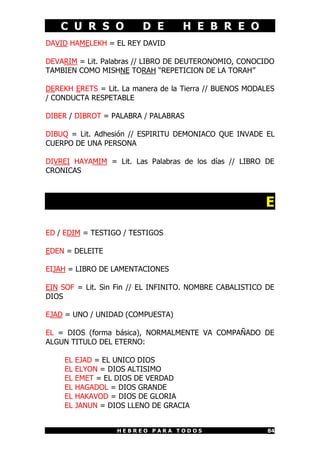 C U R S O             D E        H E B R E O
DAVID HAMELEKH = EL REY DAVID

DEVARIM = Lit. Palabras // LIBRO DE DEUTERONOMIO, CONOCIDO
TAMBIEN COMO MISHNE TORAH “REPETICION DE LA TORAH”

DEREKH ERETS = Lit. La manera de la Tierra // BUENOS MODALES
/ CONDUCTA RESPETABLE

DIBER / DIBROT = PALABRA / PALABRAS

DIBUQ = Lit. Adhesión // ESPIRITU DEMONIACO QUE INVADE EL
CUERPO DE UNA PERSONA

DIVREI HAYAMIM = Lit. Las Palabras de los días // LIBRO DE
CRONICAS



                                                         E

ED / EDIM = TESTIGO / TESTIGOS

EDEN = DELEITE

EIJAH = LIBRO DE LAMENTACIONES

EIN SOF = Lit. Sin Fin // EL INFINITO. NOMBRE CABALISTICO DE
DIOS

EJAD = UNO / UNIDAD (COMPUESTA)

EL = DIOS (forma básica), NORMALMENTE VA COMPAÑADO DE
ALGUN TITULO DEL ETERNO:

    EL   EJAD = EL UNICO DIOS
    EL   ELYON = DIOS ALTISIMO
    EL   EMET = EL DIOS DE VERDAD
    EL   HAGADOL = DIOS GRANDE
    EL   HAKAVOD = DIOS DE GLORIA
    EL   JANUN = DIOS LLENO DE GRACIA


                   HEBREO PARA TODOS                      84
 