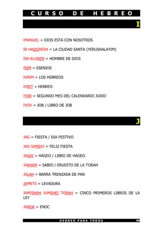 C U R S O                D E    H E B R E O

                                                  I

IMANUEL = DIOS ESTA CON NOSOTROS

IR HAQODESH = LA CIUDAD SANTA (YERUSHALAYIM)

ISH ELOHIM = HOMBRE DE DIOS

ISIM = ESENIOS

IVRIM = LOS HEBREOS

IVRIT = HEBREO

IYAR = SEGUNDO MES DEL CALENDARIO JUDIO

IYOV = JOB / LIBRO DE JOB



                                                  J

JAG = FIESTA / DIA FESTIVO

JAG SAMEAJ = FELIZ FIESTA

JAGAI = HAGEO / LIBRO DE HAGEO

JAKHAM = SABIO / ERUDITO DE LA TORAH

JALAH = BARRA TRENZADA DE PAN

JAMETS = LEVADURA

JAMISHAH JUMSHEI TORAH = CINCO PRIMEROS LIBROS DE LA
LEY

JANOK = ENOC


                  HEBREO PARA TODOS               88
 