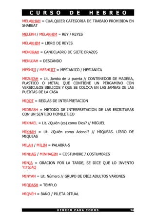 C U R S O             D E         H E B R E O
MELAKHAH = CUALQUIER CATEGORIA DE TRABAJO PROHIBIDA EN
SHABBAT

MELEKH / MELAKHIM = REY / REYES

MELAKHIM = LIBRO DE REYES

MENORAH = CANDELABRO DE SIETE BRAZOS

MENUJAH = DESCANDO

MESHIJI / MESHIJIT = MESIANICO / MESIANICA

MEZUZAH = Lit. Jamba de la puerta // CONTENEDOR DE MADERA,
PLASTICO O METAL QUE CONTIENE UN PERGAMINO CON
VERSICULOS BIBLICOS Y QUE SE COLOCA EN LAS JAMBAS DE LAS
PUERTAS DE LA CASA

MIDOT = REGLAS DE INTERPRETACION

MIDRASH = METODO DE INTERPRETACION DE LAS ESCRITURAS
CON UN SENTIDO HOMILETICO

MIKHAEL = Lit. ¿Quién (es) como Dios? // MIGUEL

MIKHAH = Lit. ¿Quién como Adonai? // MIQUEAS. LIBRO DE
MIQUEAS

MILAH / MILIM = PALABRA-S

MINHAG / MINHAGIM = COSTUMBRE / COSTUMBRES

MINJA = ORACION POR LA TARDE, SE DICE QUE LO INVENTO
YITSJAQ

MINYAN = Lit. Número // GRUPO DE DIEZ ADULTOS VARONES

MIQDASH = TEMPLO

MIQVEH = BAÑO / PILETA RITUAL



                   HEBREO PARA TODOS                    94
 