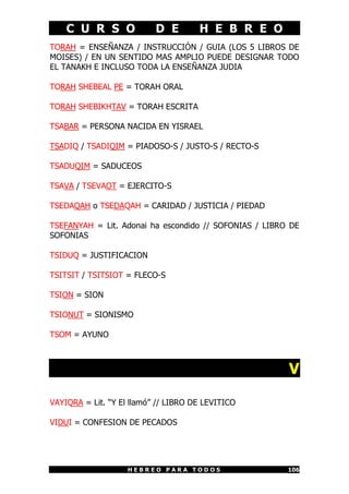 C U R S O              D E        H E B R E O
TORAH = ENSEÑANZA / INSTRUCCIÓN / GUIA (LOS 5 LIBROS DE
MOISES) / EN UN SENTIDO MAS AMPLIO PUEDE DESIGNAR TODO
EL TANAKH E INCLUSO TODA LA ENSEÑANZA JUDIA

TORAH SHEBEAL PE = TORAH ORAL

TORAH SHEBIKHTAV = TORAH ESCRITA

TSABAR = PERSONA NACIDA EN YISRAEL

TSADIQ / TSADIQIM = PIADOSO-S / JUSTO-S / RECTO-S

TSADUQIM = SADUCEOS

TSAVA / TSEVAOT = EJERCITO-S

TSEDAQAH o TSEDAQAH = CARIDAD / JUSTICIA / PIEDAD

TSEFANYAH = Lit. Adonai ha escondido // SOFONIAS / LIBRO DE
SOFONIAS

TSIDUQ = JUSTIFICACION

TSITSIT / TSITSIOT = FLECO-S

TSION = SION

TSIONUT = SIONISMO

TSOM = AYUNO



                                                        V

VAYIQRA = Lit. “Y El llamó” // LIBRO DE LEVITICO

VIDUI = CONFESION DE PECADOS




                    HEBREO PARA TODOS                   106
 