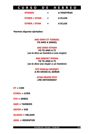 C U R S O              D E      H E B R E O
           OTKHEN            =         A VOSOTRAS

           ETHEM / OTAM      =         A ELLOS

           ETHEN / OTAN      =         A ELLAS


Veamos algunos ejemplos:


                    ANI OHEV ET YISRAEL
                      YO AMO A ISRAEL

                       ANI OHEV OTAKH
                        YO TE AMO A TI
             (se lo dice un hombre a una mujer)

                     ANI OHEVET OTKHA
                        YO TE AMO A TI
             (se lo dice una mujer a un hombre)

                    OTI SHALAJ ADONAY
                    A MI ENVIÓ EL SEÑOR

                     ATAH MEVIN OTI?
                     ¿ME ENTIENDES?


ET = CON

ETMOL = AYER

ETS = ARBOL

GAM = TAMBIEN

GEFEN = VID

GLIDAH = HELADO

GOEL = REDENTOR


                    HEBREO PARA TODOS               112
 