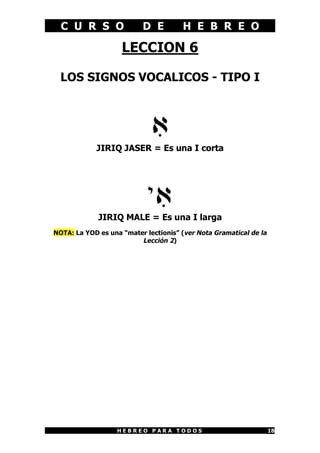 C U R S O               D E         H E B R E O

                    LECCION 6

  LOS SIGNOS VOCALICOS - TIPO I




            JIRIQ JASER = Es una I corta




             JIRIQ MALE = Es una I larga
NOTA: La YOD es una “mater lectionis” (ver Nota Gramatical de la
                         Lección 2)




                   HEBREO PARA TODOS                               18
 