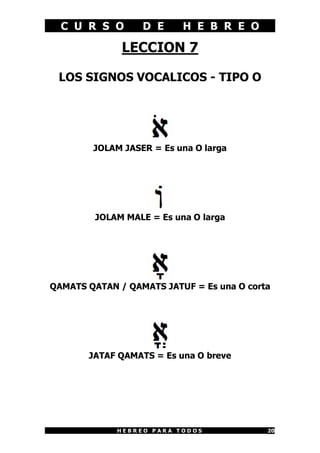 C U R S O       D E      H E B R E O

              LECCION 7

 LOS SIGNOS VOCALICOS - TIPO O




        JOLAM JASER = Es una O larga




         JOLAM MALE = Es una O larga




QAMATS QATAN / QAMATS JATUF = Es una O corta




       JATAF QAMATS = Es una O breve




             HEBREO PARA TODOS             20
 