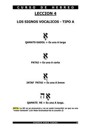 C U R S O D E H E B R E O
H E B R E O P A R A T O D O S 14
LECCION 4
LOS SIGNOS VOCALICOS - TIPO A
QAMATS GADOL = Es una A larga
PATAJ = Es una A corta
JATAF PATAJ = Es una A breve
QAMATS HE = Es una A larga.
NOTA: La HE no se pronuncia y no se suele transcribir ya que es una
“mater lectionis” (ver Nota Gramatical de la Lección 2)
 