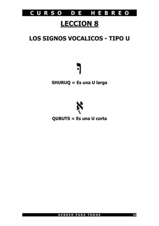 C U R S O D E H E B R E O
H E B R E O P A R A T O D O S 22
LECCION 8
LOS SIGNOS VOCALICOS - TIPO U
SHURUQ = Es una U larga
QUBUTS = Es una U corta
 