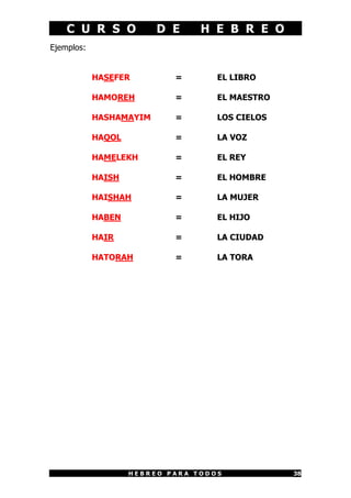 C U R S O D E H E B R E O
H E B R E O P A R A T O D O S 38
Ejemplos:
HASEFER = EL LIBRO
HAMOREH = EL MAESTRO
HASHAMAYIM = LOS CIELOS
HAQOL = LA VOZ
HAMELEKH = EL REY
HAISH = EL HOMBRE
HAISHAH = LA MUJER
HABEN = EL HIJO
HAIR = LA CIUDAD
HATORAH = LA TORA
 