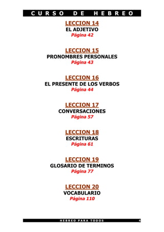 C U R S O D E H E B R E O
H E B R E O P A R A T O D O S 4
LECCION 14
EL ADJETIVO
Página 42
LECCION 15
PRONOMBRES PERSONALES
Página 43
LECCION 16
EL PRESENTE DE LOS VERBOS
Página 44
LECCION 17
CONVERSACIONES
Página 57
LECCION 18
ESCRITURAS
Página 61
LECCION 19
GLOSARIO DE TERMINOS
Página 77
LECCION 20
VOCABULARIO
Página 110
 