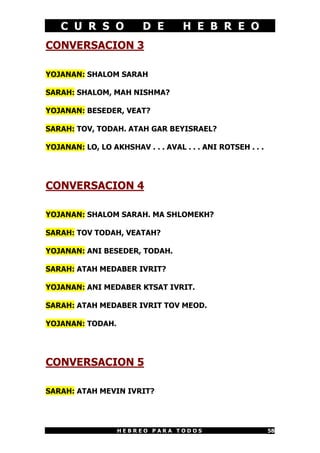 C U R S O D E H E B R E O
H E B R E O P A R A T O D O S 58
CONVERSACION 3
YOJANAN: SHALOM SARAH
SARAH: SHALOM, MAH NISHMA?
YOJANAN: BESEDER, VEAT?
SARAH: TOV, TODAH. ATAH GAR BEYISRAEL?
YOJANAN: LO, LO AKHSHAV . . . AVAL . . . ANI ROTSEH . . .
CONVERSACION 4
YOJANAN: SHALOM SARAH. MA SHLOMEKH?
SARAH: TOV TODAH, VEATAH?
YOJANAN: ANI BESEDER, TODAH.
SARAH: ATAH MEDABER IVRIT?
YOJANAN: ANI MEDABER KTSAT IVRIT.
SARAH: ATAH MEDABER IVRIT TOV MEOD.
YOJANAN: TODAH.
CONVERSACION 5
SARAH: ATAH MEVIN IVRIT?
 