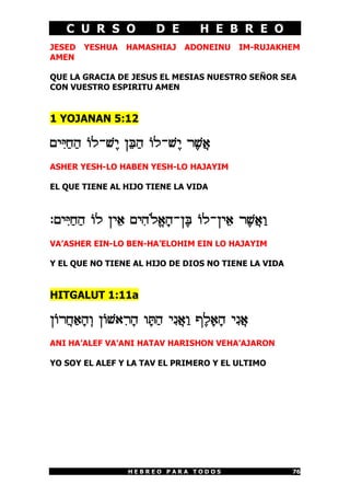 C U R S O D E H E B R E O
H E B R E O P A R A T O D O S 76
JESED YESHUA HAMASHIAJ ADONEINU IM-RUJAKHEM
AMEN
QUE LA GRACIA DE JESUS EL MESIAS NUESTRO SEÑOR SEA
CON VUESTRO ESPIRITU AMEN
1 YOJANAN 5:12
MI¦l¢G¢D ]L-[£I O¤d¢D ]L-[£I X£[©@
ASHER YESH-LO HABEN YESH-LO HAJAYIM
EL QUE TIENE AL HIJO TIENE LA VIDA
:MI¦l¢G¢D ]L OI¤@ MI¦D«Lª@¡D-O£d ]L-OI¤@ X£[©@¢E
VA’ASHER EIN-LO BEN-HA’ELOHIM EIN LO HAJAYIM
Y EL QUE NO TIENE AL HIJO DE DIOS NO TIENE LA VIDA
HITGALUT 1:11a
O]X©G¢@¡D¥E O][@¦X¡D E¡x¢D I¦P©@¢E S£L¡@¡D I¦P©@
ANI HA’ALEF VA’ANI HATAV HARISHON VEHA’AJARON
YO SOY EL ALEF Y LA TAV EL PRIMERO Y EL ULTIMO
 