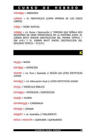 C U R S O D E H E B R E O
H E B R E O P A R A T O D O S 90
JOKHMAH = SABIDURIA
JUMASH = EL PENTATEUCO (COPIA IMPRESA DE LOS CINCO
LIBROS)
JUPAH = DOSEL NUPCIAL
JURBAN = Lit. Ruina / Destrucción // TERMINO QUE SEÑALA DOS
DESASTRES DE GRAN IMPORTANCIA EN LA HISTORIA JUDIA: EL
JURBAN BAYIT RISHON (DESTRUCCION DEL PRIMER TEMPLO –
586 A.M.) Y EL JURBAN BAYIT SHEINI (DESTRUCCION DEL
SEGUNDO TEMPLO – 70 D.M.)
K
KALAH = NOVIA
KAPARAH = EXPÌACION
KASHER = Lit. Puro / Apartado // SEGÚN LAS LEYES DIETETICAS
JUDIAS
KASHRUT = Lit. Adecuación ritual // LEYES DIETETICAS JUDIAS
KATUV = VERSICULO BIBLICO
KAVANAH = INTENCION / DISPOSICION
KAVOD = GLORIA
KEFARNAJUM = CAPERNAUM
KENAAN = CANAAN
KENESET = Lit. Asamblea // PARLAMENTO
KERUV / KERUVIM = QUERUBIN / QUERUBINES
 