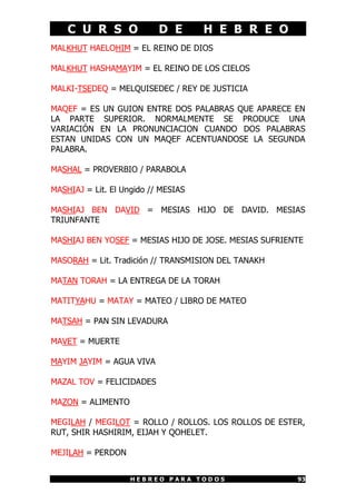 C U R S O D E H E B R E O
H E B R E O P A R A T O D O S 93
MALKHUT HAELOHIM = EL REINO DE DIOS
MALKHUT HASHAMAYIM = EL REINO DE LOS CIELOS
MALKI-TSEDEQ = MELQUISEDEC / REY DE JUSTICIA
MAQEF = ES UN GUION ENTRE DOS PALABRAS QUE APARECE EN
LA PARTE SUPERIOR. NORMALMENTE SE PRODUCE UNA
VARIACIÓN EN LA PRONUNCIACION CUANDO DOS PALABRAS
ESTAN UNIDAS CON UN MAQEF ACENTUANDOSE LA SEGUNDA
PALABRA.
MASHAL = PROVERBIO / PARABOLA
MASHIAJ = Lit. El Ungido // MESIAS
MASHIAJ BEN DAVID = MESIAS HIJO DE DAVID. MESIAS
TRIUNFANTE
MASHIAJ BEN YOSEF = MESIAS HIJO DE JOSE. MESIAS SUFRIENTE
MASORAH = Lit. Tradición // TRANSMISION DEL TANAKH
MATAN TORAH = LA ENTREGA DE LA TORAH
MATITYAHU = MATAY = MATEO / LIBRO DE MATEO
MATSAH = PAN SIN LEVADURA
MAVET = MUERTE
MAYIM JAYIM = AGUA VIVA
MAZAL TOV = FELICIDADES
MAZON = ALIMENTO
MEGILAH / MEGILOT = ROLLO / ROLLOS. LOS ROLLOS DE ESTER,
RUT, SHIR HASHIRIM, EIJAH Y QOHELET.
MEJILAH = PERDON
 