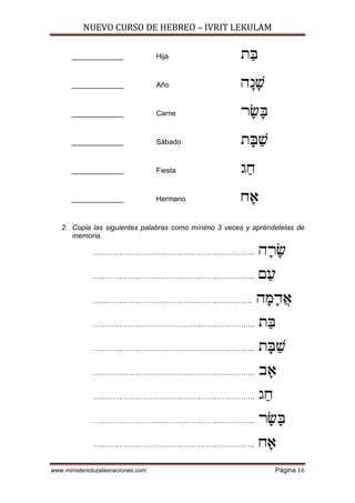 NUEVO CURSO DE HEBREO – IVRIT LEKULAM
www.ministerioluzalasnaciones.com Página 16
_____________ Hija Z¢d
_____________ Año D¡P¡[
_____________ Carne X¡¡d
_____________ Sábado Z¡d¢[
_____________ Fiesta B¢G
_____________ Hermano G¡@
2. Copia las siguientes palabras como mínimo 3 veces y apréndetelas de
memoria.
………………………………………………………….. D¡X¡
………………………………………………………….. M¢R
…………………………………………………………. D¡N¡C©@
………………………………………………………….. Z¢d
………………………………………………………….. Z¡d¢[
………………………………………………………….. A¡@
………………………………………………………….. B¢G
………………………………………………………….. X¡¡d
………………………………………………………….. G¡@
 