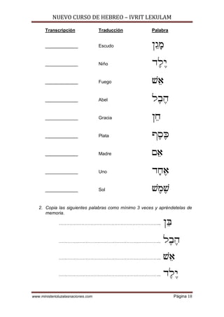 NUEVO CURSO DE HEBREO – IVRIT LEKULAM
www.ministerioluzalasnaciones.com Página 18
Transcripción Traducción Palabra
_____________ Escudo O¤B¡N
_____________ Niño C£L£I
_____________ Fuego [¤@
_____________ Abel L£A£D
_____________ Gracia O¤G
_____________ Plata S£Q£m
_____________ Madre M¤@
_____________ Uno C¡G£@
_____________ Sol [£N£[
2. Copia las siguientes palabras como mínimo 3 veces y apréndetelas de
memoria.
………………………………………………………….. O¤d

………………………………………………………….. L£A£D
………………………………………………………….. [¤@
………………………………………………………….. C£L£I
 