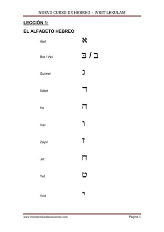 NUEVO CURSO DE HEBREO – IVRIT LEKULAM
www.ministerioluzalasnaciones.com Página 5
LECCIÓN 1:
EL ALFABETO HEBREO
Álef @

Bet / Vet / 
Guímel B
Dálet C
He D
Vav E
Záyin F
Jet G
Tet H
Yod I
 