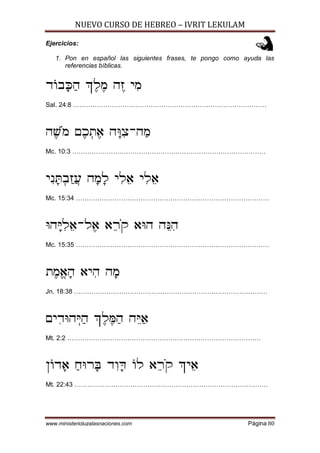 NUEVO CURSO DE HEBREO – IVRIT LEKULAM
www.ministerioluzalasnaciones.com Página 80
Ejercicios:
1. Pon en español las siguientes frases, te pongo como ayuda las
referencias bíblicas.
C]A¡m¢D `£L£N D£F I¦N
Sal. 24:8 ………………………………………………………………………………
D£[«N M£K¥Z£@ D¡h¦V-D¢N
Mc. 10:3 ………………………………………………………………………………
I¦P¡x¥A¢F©R D¡N¡L I¦L¤@ I¦L¤@
Mc. 15:34 ………………………………………………………………………………
hD¡l¦L¤@-L£@ @¤X«W @hD D¤p¦D
Mc. 15:35 ………………………………………………………………………………
Z£Nª@¡D @I¦D D¡N
Jn. 18:38 ………………………………………………………………………………
MI¦ChD¥l¢D `£L£o¢D D¤l¢@
Mt. 2:2 ………………………………………………………………………………
O]C¡@ ¢GhX¡d C¦E¡f ]L @¤X«W `I¤@
Mt. 22:43 ………………………………………………………………………………
 
