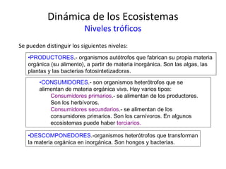 Dinámica de los Ecosistemas
Niveles tróficos
Se pueden distinguir los siguientes niveles:
•PRODUCTORES.- organismos autótrofos que fabrican su propia materia
orgánica (su alimento), a partir de materia inorgánica. Son las algas, las
plantas y las bacterias fotosintetizadoras.
•CONSUMIDORES.- son organismos heterótrofos que se
alimentan de materia orgánica viva. Hay varios tipos:
Consumidores primarios.- se alimentan de los productores.
Son los herbívoros.
Consumidores secundarios.- se alimentan de los
consumidores primarios. Son los carnívoros. En algunos
ecosistemas puede haber terciarios.
•DESCOMPONEDORES.-organismos heterótrofos que transforman
la materia orgánica en inorgánica. Son hongos y bacterias.
 