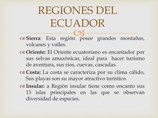  Sierra: Esta región posee grandes montañas,
volcanes y valles.
Oriente: El Oriente ecuatoriano es encantador por
sus selvas amazónicas, ideal para hacer turismo
de aventura, sus ríos, cuevas, cascadas.
Costa: La costa se caracteriza por su clima cálido,
Sus playas son su mayor atractivo turístico.
Insular: a Región insular tiene como encanto sus
13 islas principales en las que se observan
diversidad de especies.
REGIONES DEL
ECUADOR