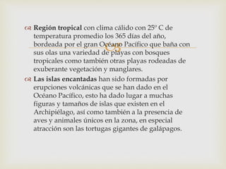 
Región tropical con clima cálido con 25º C de
temperatura promedio los 365 días del año,
bordeada por el gran Océano Pacífico que baña con
sus olas una variedad de playas con bosques
tropicales como también otras playas rodeadas de
exuberante vegetación y manglares.
Las islas encantadas han sido formadas por
erupciones volcánicas que se han dado en el
Océano Pacífico, esto ha dado lugar a muchas
figuras y tamaños de islas que existen en el
Archipiélago, así como también a la presencia de
aves y animales únicos en la zona, en especial
atracción son las tortugas gigantes de galápagos.