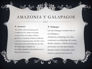 Amazonia
Sus límites están marcados por la
Cordillera de los Andes en la parte
occidental de esta región, mientras
que Perú y Colombia el límite meridional
y oriental, respectivamente. El relieve de la
Amazonía está conformado por una serie
de colinas que se originan en
los Andes orientales y descienden hasta la
llanura del Amazonas.
AMAZONIA Y GALAPAGOS
 Galapagos
Las islas Galápagos (también islas de
los Galápagos y
oficialmente archipiélago de Colón)
constituyen un archipiélago del océano
Pacífico ubicado a 1.000 km de la costa
de Ecuador. Las islas más recientes,
llamadas Isabela y Fernandina, están
todavía en proceso de formación.
 