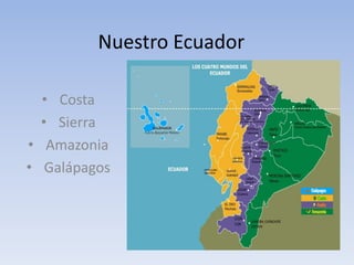 Nuestro Ecuador
• Costa
• Sierra
• Amazonia
• Galápagos
 