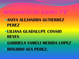 INTEGRANTES DEL EQUIPO 3”E”
ANITA ALEJANDRA GUTIERREZ
 PEREZ
LILIANA GUADALUPE COSSIO
 REYES
GABRIELA YAMELI MERIDA LOPEZ
ROSARIO SEA PEREZ.
 