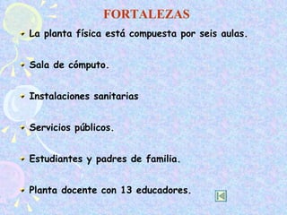 FORTALEZAS La planta física está compuesta por seis aulas. Sala de cómputo. Instalaciones sanitarias Servicios públicos. Estudiantes y padres de familia. Planta docente con 13 educadores. Una coordinadora. 