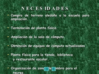 NECESIDADES Compra de terreno aledaño a la escuela para ampliación. Terminación de planta física. Ampliación de la sala de cómputo. Obtención de equipos de cómputo actualizados  Planta física para la tienda, biblioteca  y restaurante escolar. Organización de zonas de sombra para el recreo. 