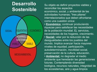 Su objeto es definir proyectos viables y
reconciliar los aspectos
económico, social, y ambiental de las
actividades humanas; "tres pilares“
interrelacionados que deben afrontarse
como una cuestión única:
• Económico: continuar produciendo
riquezas para satisfacer las necesidades
de la población mundial. Ej. servicios,
necesidades de los hogares, crecimiento.
• Social: velar por la reducción de las
desigualdades entre los pueblos del
mundo. Implica avanzar hacia mayores
niveles de equidad, participación,
autodeterminación, movilidad social,
preservación de la cultura, educación.
• Ambiental: no degradar el medio
ambiente que heredarán las generaciones
futuras. Contemplando diversidad
biológica, recursos naturales, integridad de
los ecosistemas, aire y agua limpios
Desarrollo
Sostenible
 