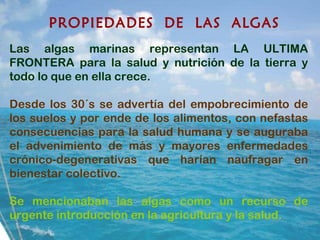 PROPIEDADES  DE  LAS  ALGAS Las algas marinas representan LA ULTIMA FRONTERA para la salud y nutrición de la tierra y todo lo que en ella crece. Desde los 30´s se advertía del empobrecimiento de los suelos y por ende de los alimentos, con nefastas consecuencias para la salud humana y se auguraba el advenimiento de más y mayores enfermedades crónico-degenerativas que harían naufragar en bienestar colectivo. Se mencionaban las algas como un recurso de urgente introducción en la agricultura y la salud.     