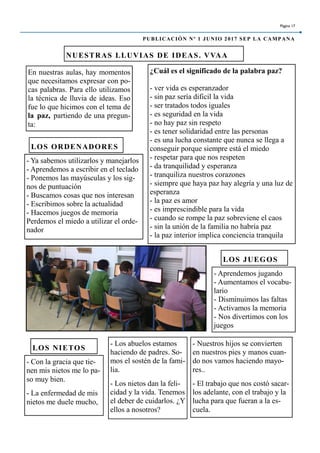 En nuestras aulas, hay momentos
que necesitamos expresar con po-
cas palabras. Para ello utilizamos
la técnica de lluvia de ideas. Eso
fue lo que hicimos con el tema de
la paz, partiendo de una pregun-
ta:
NUESTRAS LLUVIAS DE IDEAS. VVAA
- Aprendemos jugando
- Aumentamos el vocabu-
lario
- Disminuimos las faltas
- Activamos la memoria
- Nos divertimos con los
juegos
LOS ORDENADORES
- Ya sabemos utilizarlos y manejarlos
- Aprendemos a escribir en el teclado
- Ponemos las mayúsculas y los sig-
nos de puntuación
- Buscamos cosas que nos interesan
- Escribimos sobre la actualidad
- Hacemos juegos de memoria
Perdemos el miedo a utilizar el orde-
nador
Página 17
PUBLICACIÓN Nº 1 JUNIO 2017 SEP LA CAMPANA
¿Cuál es el significado de la palabra paz?
- ver vida es esperanzador
- sin paz sería dificil la vida
- ser tratados todos iguales
- es seguridad en la vida
- no hay paz sin respeto
- es tener solidaridad entre las personas
- es una lucha constante que nunca se llega a
conseguir porque siempre está el miedo
- respetar para que nos respeten
- da tranquilidad y esperanza
- tranquiliza nuestros corazones
- siempre que haya paz hay alegría y una luz de
esperanza
- la paz es amor
- es imprescindible para la vida
- cuando se rompe la paz sobreviene el caos
- sin la unión de la familia no habría paz
- la paz interior implica conciencia tranquila
LOS JUEGOS
LOS NIETOS
- Con la gracia que tie-
nen mis nietos me lo pa-
so muy bien.
- La enfermedad de mis
nietos me duele mucho,
- Los abuelos estamos
haciendo de padres. So-
mos el sostén de la fami-
lia.
- Los nietos dan la feli-
cidad y la vida. Tenemos
el deber de cuidarlos. ¿Y
ellos a nosotros?
- Nuestros hijos se convierten
en nuestros pies y manos cuan-
do nos vamos haciendo mayo-
res..
- El trabajo que nos costó sacar-
los adelante, con el trabajo y la
lucha para que fueran a la es-
cuela.
 