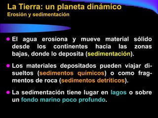 La Tierra: un planeta dinámico
Erosión y sedimentación



 El agua erosiona y mueve material sólido
 desde los continentes hacia las zonas
 bajas, donde lo deposita (sedimentación).
 Los materiales depositados pueden viajar di-
 sueltos (sedimentos químicos) o como frag-
 mentos de roca (sedimentos detríticos).
 La sedimentación tiene lugar en lagos o sobre
 un fondo marino poco profundo.
 