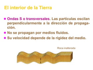 El interior de la Tierra

 Ondas S o transversales. Las partículas oscilan
  perpendicularmente a la dirección de propaga-
  ción.
 No se propagan por medios fluidos.
 Su velocidad depende de la rigidez del medio.


                              Roca inalterada
 