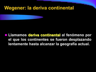 Wegener: la deriva continental




 Llamamos deriva continental al fenómeno por
 el que los continentes se fueron desplazando
 lentamente hasta alcanzar la geografía actual.
 