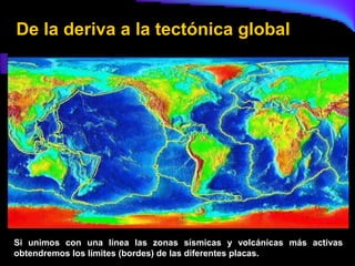 De la deriva a la tectónica global




Si unimos con una línea las zonas sísmicas y volcánicas más activas
obtendremos los límites (bordes) de las diferentes placas.
 