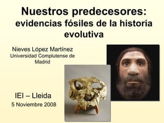 Nuestros predecesores:
evidencias fósiles de la historia
evolutiva
IEI – Lleida
5 Noviembre 2008
Nieves López Martínez
Universidad Complutense de
Madrid
 