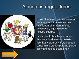 Alimentos reguladores

                  Estos alimentos nos proporcionan
                  las vitaminas y minerales que
                  mantienen el funcionamiento
                  adecuado y equilibrado de
                  nuestro cuerpo.
                  La sal, las frutas, las verduras
                  frescas son alimentos de este
                  tipo. Las verduras y frutas deben
                  consumirse crudas para no perder
                  las vitaminas que contienen

Siguiente
 