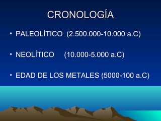 CRONOLOGÍACRONOLOGÍA
• PALEOLÍTICO (2.500.000-10.000 a.C)
• NEOLÍTICO (10.000-5.000 a.C)
• EDAD DE LOS METALES (5000-100 a.C)
 