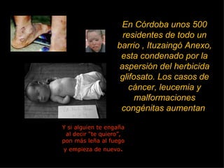 Y si alguien te engaña al decir “te quiero”, pon más leña al fuego y empieza de nuevo . En Córdoba unos 500 residentes de todo un barrio , Ituzaingó Anexo, esta condenado por la aspersión del herbicida glifosato. Los casos de cáncer, leucemia y malformaciones congénitas aumentan  