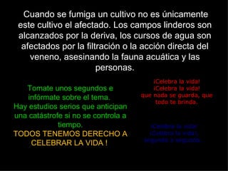 ¡Celebra la vida! ¡Celebra la vida! que nada se guarda, que todo te brinda. ¡Celebra la vida! ¡Celebra la vida!, segundo a segundo… Tomate unos segundos e infórmate sobre el tema.  Hay estudios serios que anticipan una catástrofe si no se controla a tiempo. TODOS TENEMOS DERECHO A CELEBRAR LA VIDA !  Cuando se fumiga un cultivo no es únicamente este cultivo el afectado. Los campos linderos son alcanzados por la deriva, los cursos de agua son afectados por la filtración o la acción directa del veneno, asesinando la fauna acuática y las personas. 