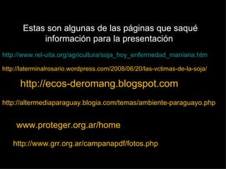http://laterminalrosario.wordpress.com/2008/06/20/las-vctimas-de-la-soja/ http://ecos-deromang.blogspot.com / http://altermediaparaguay.blogia.com/temas/ambiente-paraguayo.php http:// www.proteger.org.ar/home http://www.grr.org.ar/campanapdf/fotos.php http://www.rel-uita.org/agricultura/soja_hoy_enfermedad_maniana.htm Estas son algunas de las páginas que saqué información para la presentación  