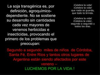¡Celebra la vida!¡Celebra la vida! que nada se guarda, que todo te brinda. ¡Celebra la vida!¡Celebra la vida!, segundo a segundo y todos los días. La soja transgénica es, por definición, agroquímico-dependiente. No se sostiene su desarrollo sin cantidades cada vez mayores de venenos herbicidas e insecticidas, provocando el primero de los problemas que preocupan:  Segundo a segundo  miles de niños  de Córdoba, Santa Fé, Entre Ríos y tantos otros lugares de  Argentina están siendo afectados por este veneno –  LUCHEMOS POR LA VIDA ! 
