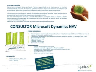 NUESTRA COMPAÑÍA
 Qurius es una compañía del grupo francés Prodware, especializada en el diseño, puesta en marcha y
 mantenimiento de soluciones de tecnología aplicadas a la mejora de procesos de negocio. La compañía es el
 primer Partner de Microsoft Dynamics en Europa y uno de los tres primeros Partners en el mundo.

 Las soluciones de Qurius Prodware se basan en tecnologías empresariales Microsoft, lo que permite construir
 aplicaciones de gestión 100% integradas y de alto valor para los clientes.
 Con más de mil empleados en Europa y cerca de 200 en España, la compañía presta sus servicios a clientes
 dentro de los sectores industriales de distribución y fabricación, empresas de servicios, sector de reciclaje y
 residuos, Sanidad, Banca y Seguros.
 Además de eso, Qurius ofrece soluciones de primer nivel de Hosting e Infraestructuras.



      CONSULTOR Microsoft Dynamics NAV
                                       PERFIL REQUERIDO
                                            Profesionales con experiencia de al menos dos años en implantaciones de MS Dynamics NAV en las áreas de
                                            finanzas y/o fabricación y/o distribución
                                            Conocimiento de alguna otra área de Navision: funcional (proyectos, servicio…) o técnica (C/SIDE, C/AL)
                                            Nivel intermedio de inglés
                                            Disponibilidad para viajar
                                            Capacidad analítica
                                            Capacidad Comunicativa
                                            Orientación a resultados
                                       Responsabilidades:
                                           •    Toma de requerimientos en el cliente
                                           •    Realizar el modelo de negocio sobre MS Dynamics NAV
                                           •    Realizar análisis funcionales de desarrollos sobre MS Dynamics NAV
                                           •    Parametrización y Test del sistema
                                           •    Realizar formaciones a usuarios
                                           •    Apoyar a los usuarios en el arranque

LOCALIZACIÓN
    Madrid, Barcelona, Bilbao, Val
    encia y Alicante




3
 